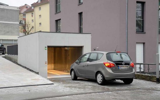 Underground car park entrance of a multi-apartment building.