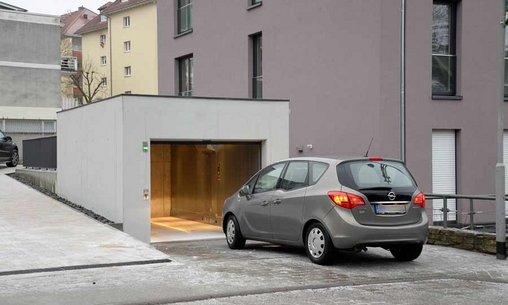 Underground car park entrance of a multi-apartment building.
