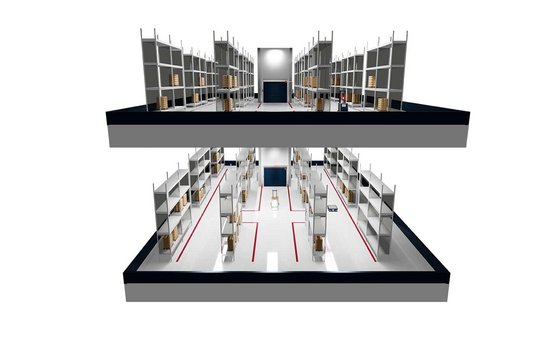 Multi-level warehouse with automated goods lifts and AGVs. 